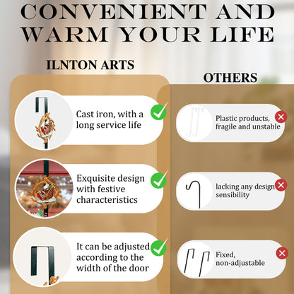 Linton Arts Cast Iron Wreath Hanger for Front Door, Santa Sleigh Adjustable Over the Door Hoo Kwreath Stand, Heavy Duty Door Wreath Hanger and Wreath Hook for Fall and Christmas Holiday Decorations.