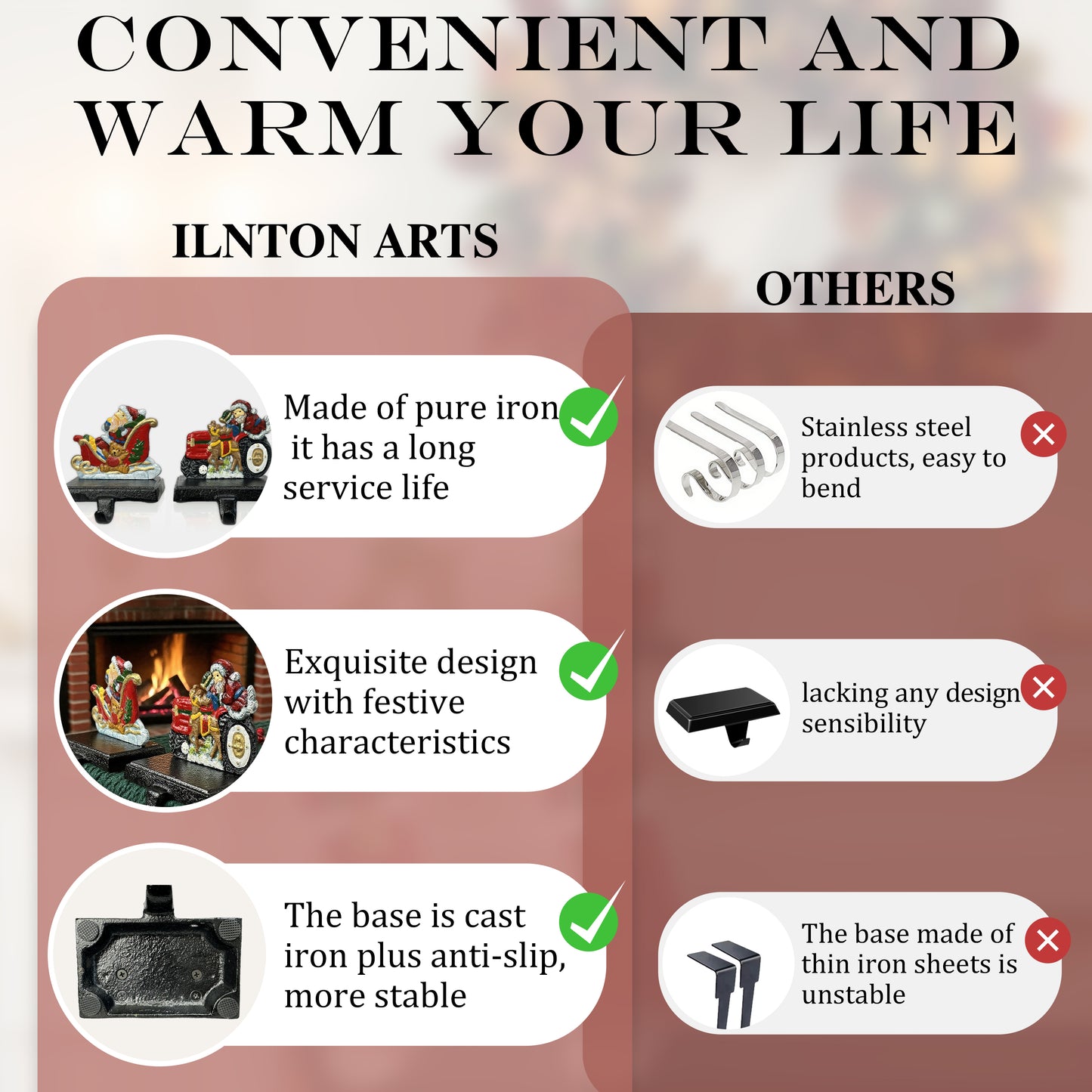 Linton Arts 2 Pack Cast Iron Christmas Stocking Holders for Mantle, Santa Claus Weighted Stocking Holder with Non-Slip Base, Vintage Ornament Hooks【Christmas Stocking Holder】