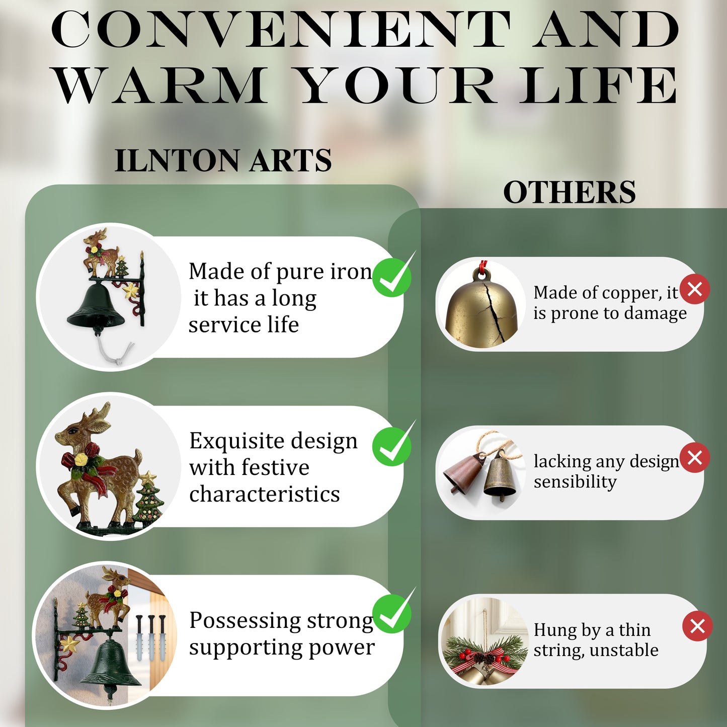 Linton Arts Christmas Outdoor Dinner Bell, Cast Iron Hand-Painted Rustic Dinner Bell with Bracket, Reindeer Outdoor Bell for Porch, Garden, Patio