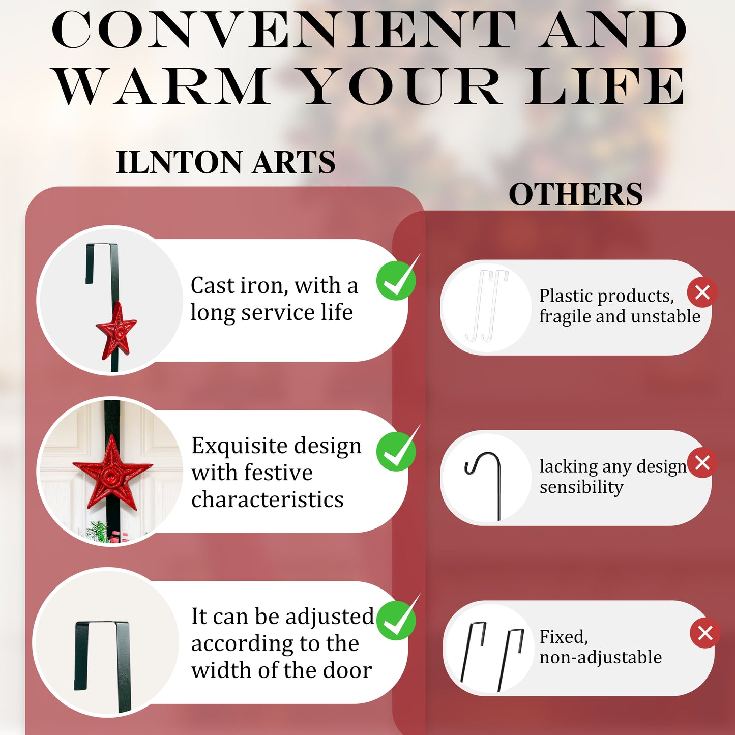 Linton Arts Cast Iron Wreath Hanger for Front Door, Red Star Adjustable Over the Door Hook Wreath Stand, Heavy Duty Door Wreath Hanger and Garland Holder for Fall and Christmas Decorations