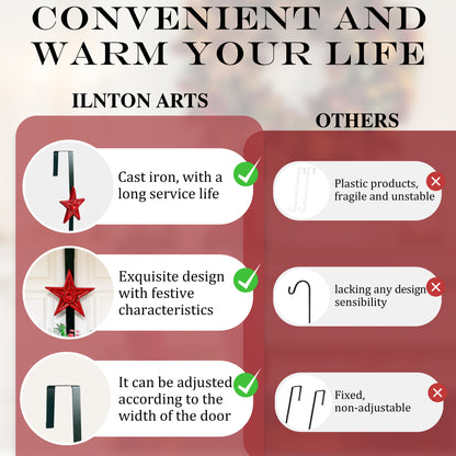 Linton Arts Cast Iron Wreath Hanger for Front Door, Red Star Adjustable Over the Door Hook Wreath Stand, Heavy Duty Door Wreath Hanger and Garland Holder for Fall and Christmas Decorations