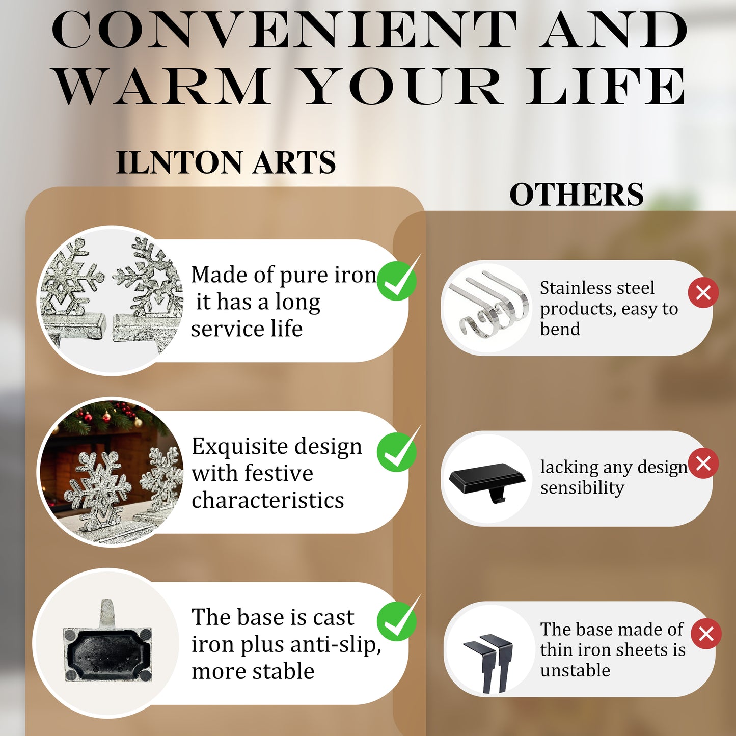 Linton Arts 2 Pack Cast Iron Christmas Stocking Holders for Mantle, Set of 2 Heavy Duty Cast Iron Christmas Stocking Holders, Vintage Ornament Hooks【Christmas Stocking Holder】